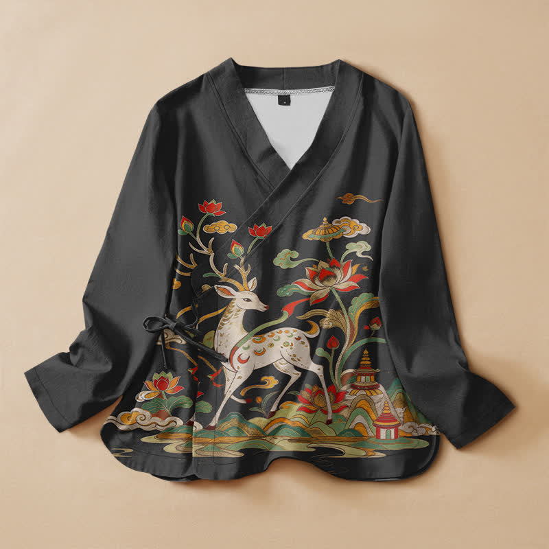 Buddha Stones コットン素材、蓮と鹿の雲柄プリント、Vネック、レースアップ、レディース長袖シャツ、着物風 - 黒 - US16、 UK/AU20、 EU48 (3XL) - image 0