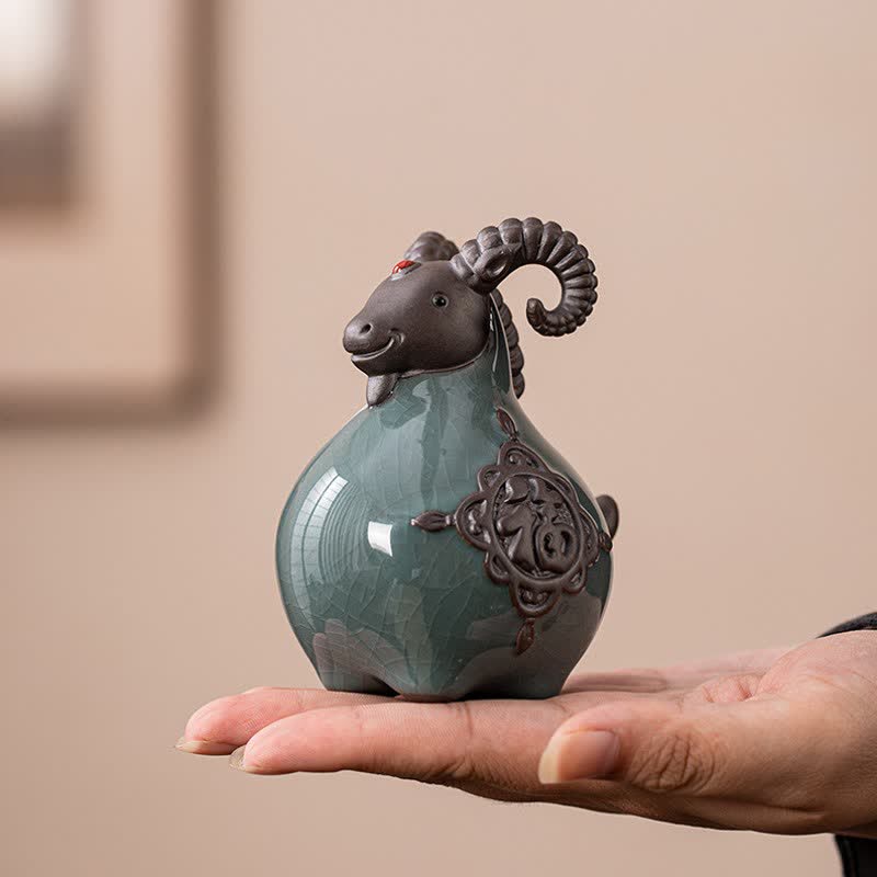 Buddha Stones 縁起の良い巻き角ヤギの陶器製置物 かわいい動物の装飾 - image 1
