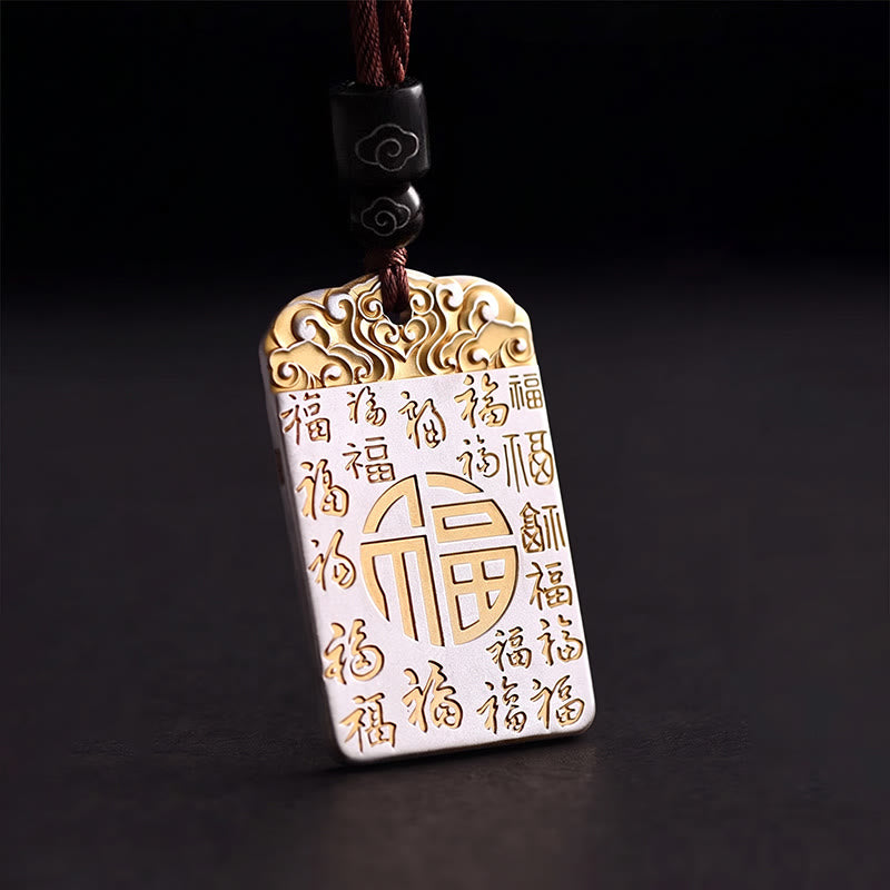 Buddha Stones銀メッキ 銅 福文字 縁起の良い雲 幸運幸運繁栄ロープ ネックレス ペンダント - 福の文字と吉祥雲 - image 0
