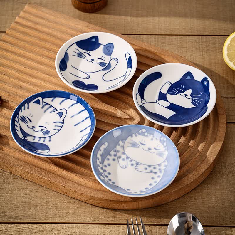Buddha Stones かわいい猫の丸型セラミック浅皿（和風ソース皿） - image 0