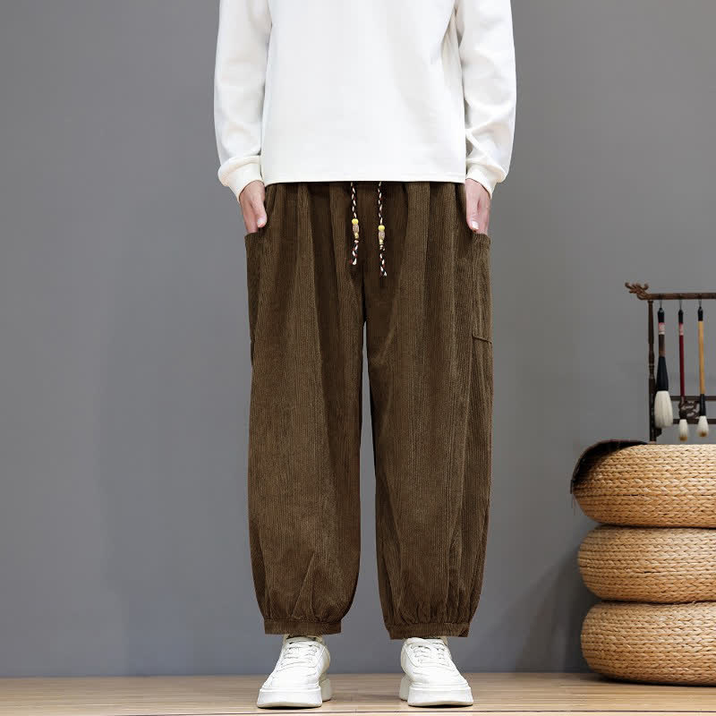 Buddha Stones 秋冬カジュアルドローストリング無地コーデュロイクロップドパンツメンズハーレムパンツポケット付き - image 1