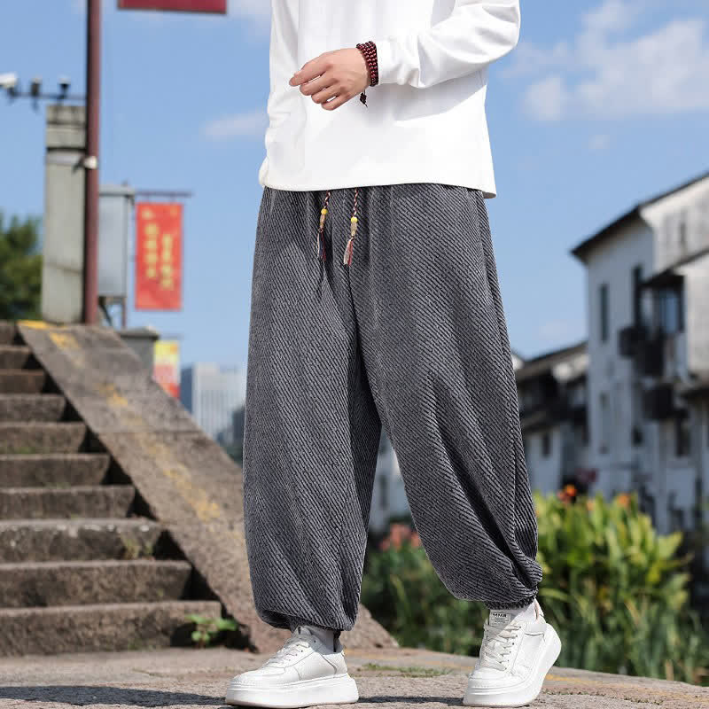 Buddha Stones 春らしいシンプルでミニマルなドローストリング付き無地アンクルパンツ メンズ ハーレムパンツ ポケット付き - image 1