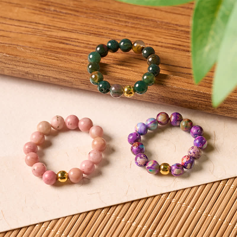 Buddha Stones ロードナイト・ミアノ・リアルグリーンアゲートヒーリングリング3個セット - 3個 - image 0