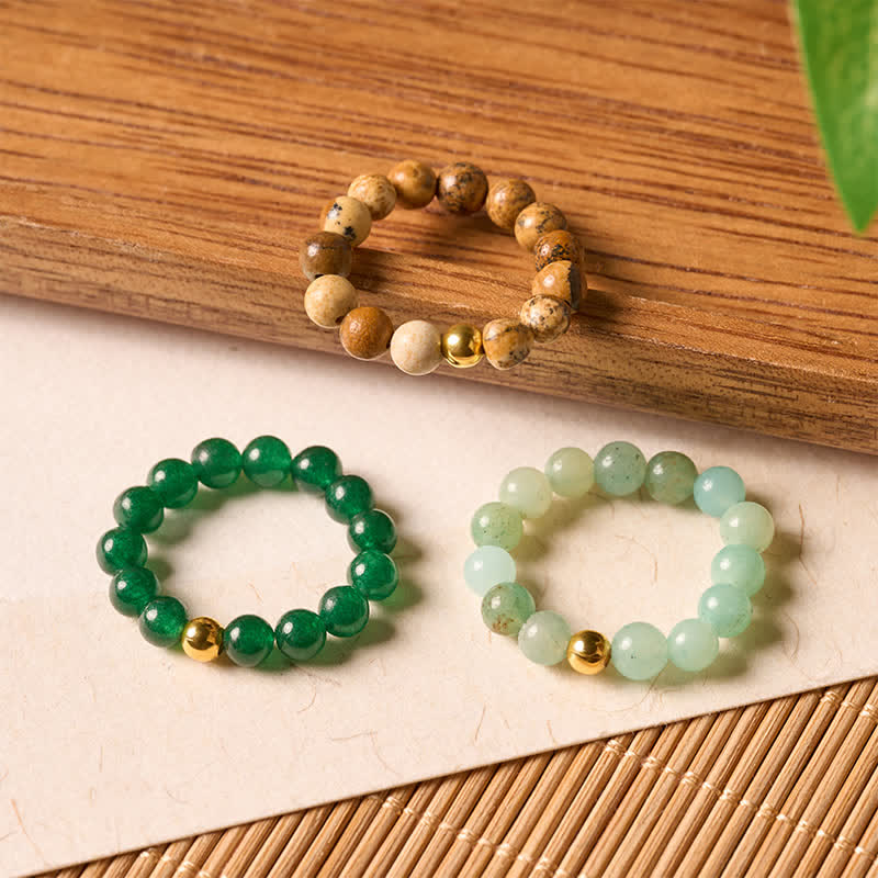 Buddha Stones アマゾナイト、ピクチャージャスパー、インディアンアゲートのリラックスリング3個セット - 3個 - image 0