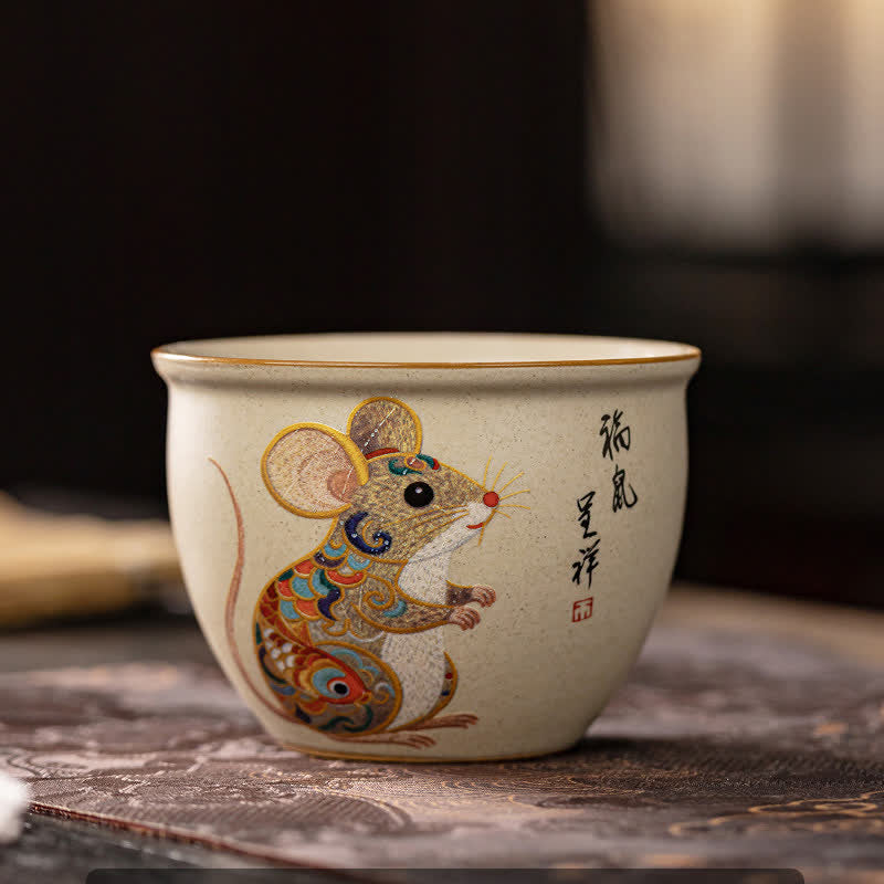 Buddha Stones 手描きの干支柄セラミック製工夫茶碗 140ml - ねずみ - 約140ml - image 1