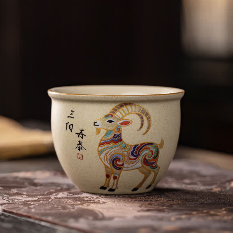Buddha Stones 手描きの干支柄セラミック製工夫茶碗 140ml - ヤギ - 約140ml - image 0