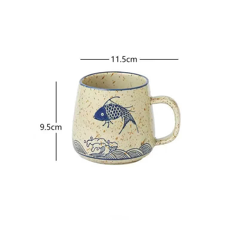 Buddha Stones 手描き鯉、蓮、鳥、花、柳のデザインのセラミックマグカップ 300ml - 鯉 - 約300ml - image 1