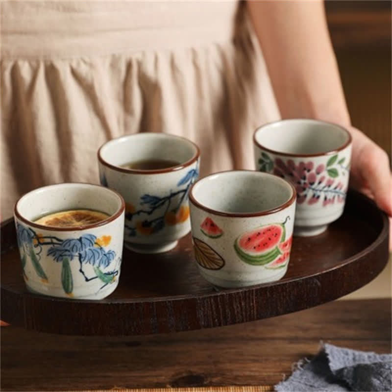Buddha Stones 手描きのヴィンテージ風スイカ、柿、きゅうり、藤の花柄陶器製工夫茶碗 150ml - image 0
