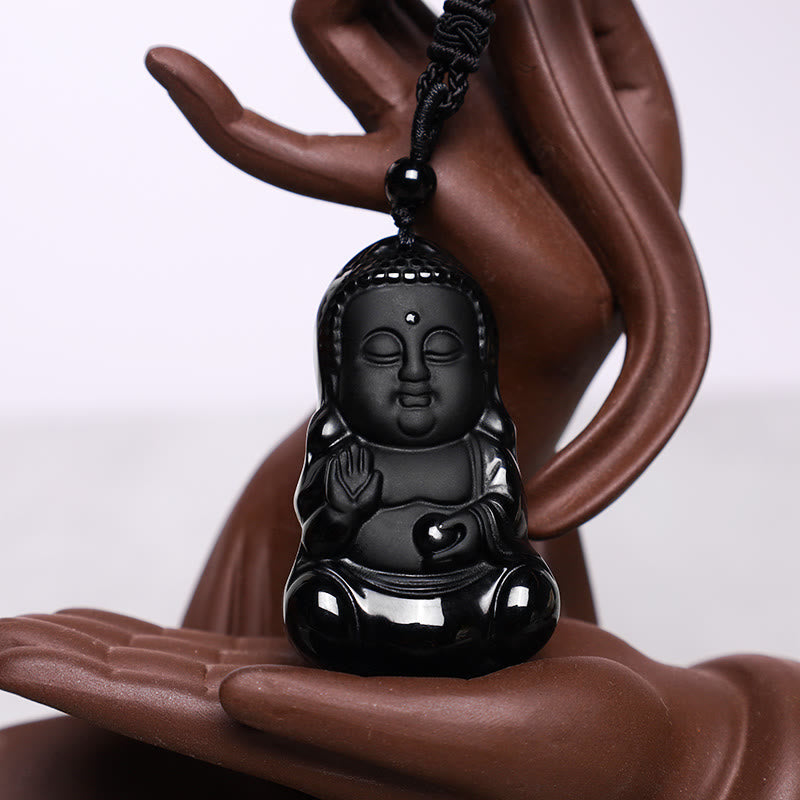 Buddha Stones天然黒曜石 水晶 仏陀の強さ 守護 お守り 幸運のお守り ペンダントネックレス - image 3