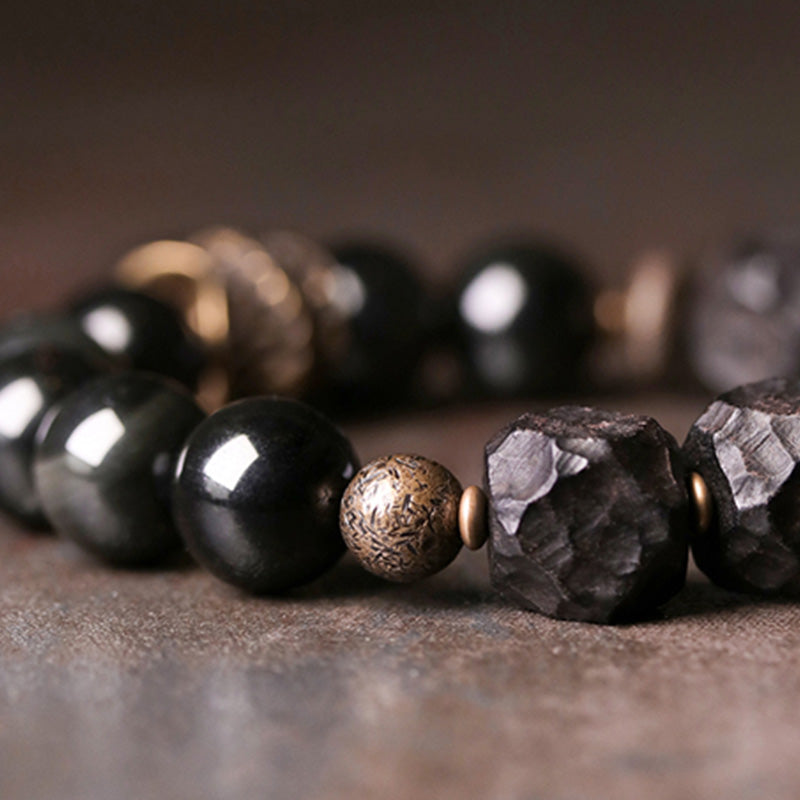 Buddha Stones黒曜石 黒檀 木 銅 強さ カップル ブレスレット