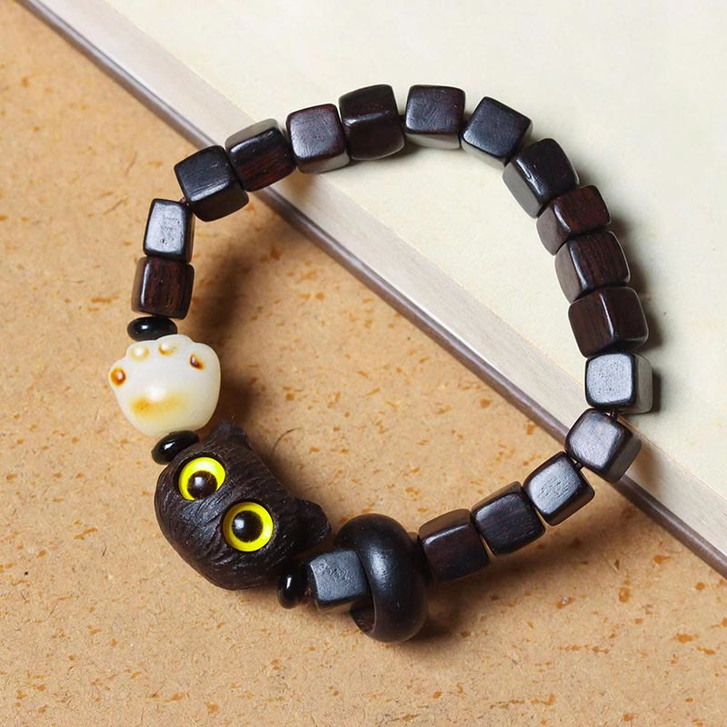 Buddha Stones黒檀かわいい猫 菩提樹 足爪 スクエアビーズ 落ち着いたブレスレット - 黒檀（バランス♥落ち着き）（手首周り14～16cm） - image 1