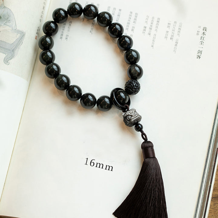 Buddha Stones天然銀光沢黒曜石 黒曜石 ライオン手首Mala保護タッセル ポケットMala車の装飾