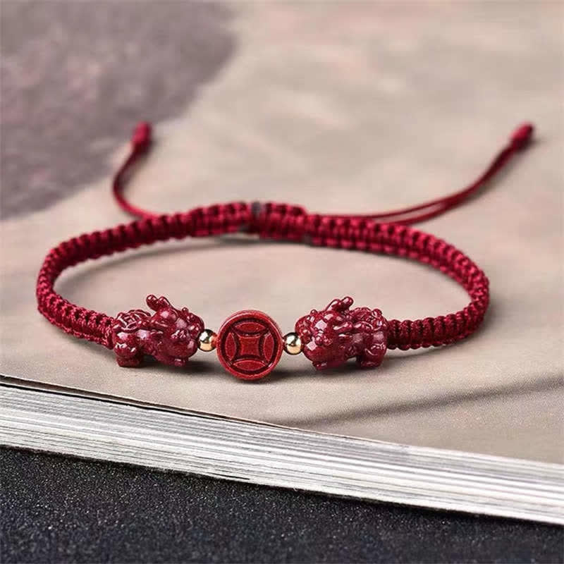 Buddha Stones辰砂 貔貅 祝福 銅貨平和のお守りチャーム赤紐ブレスレット