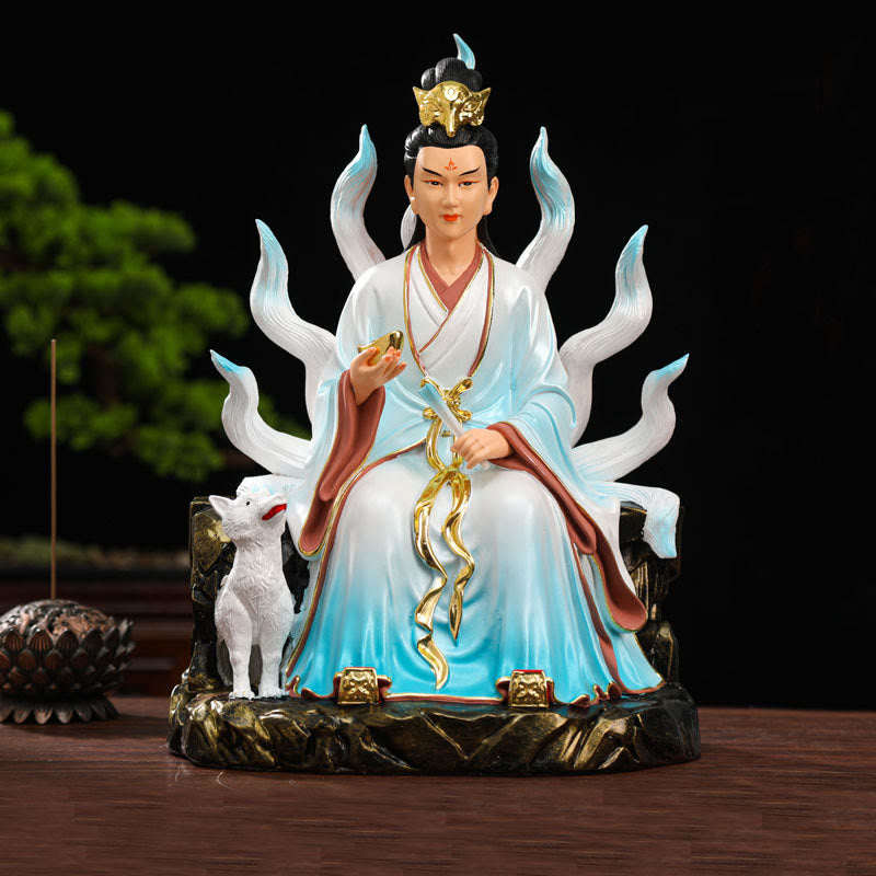 Buddha Stones九尾の狐 妖精 幸運 守護 樹脂製 ホームデコレーション - 青い雄の九尾狐 - image 1