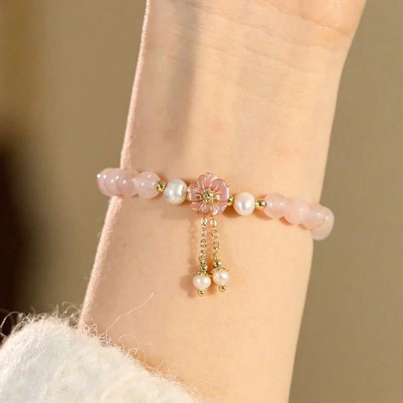 Buddha Stones ローズクォーツパールフラワーチャームラブブレスレット - ローズクォーツブロッサム（手首周り：14～15cm） - image 0