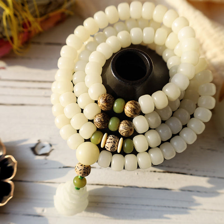 Buddha Stones 白翡翠＆菩提樹ビーズ マーラ 念珠ネックレス 蓮チャーム付き