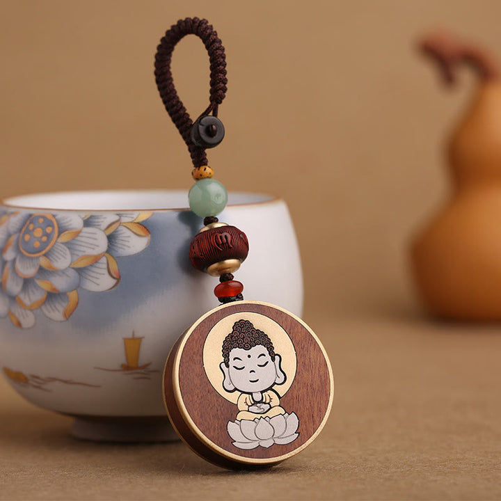 Buddha Stones黒檀木材ローズウッド仏観音菩薩Om Mani Padme Humバランス車のキーチェーン装飾
