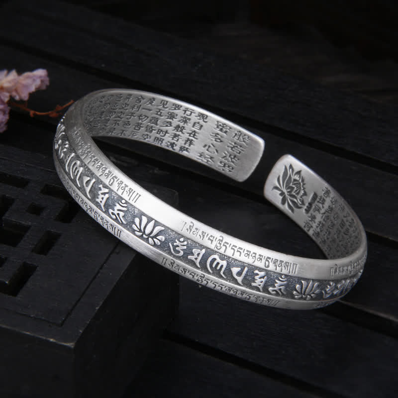 Buddha Stones999スターリングシルバーオーム・マニ・パドメ・フム般若心経 蓮華座 平和ブレスレット バングル