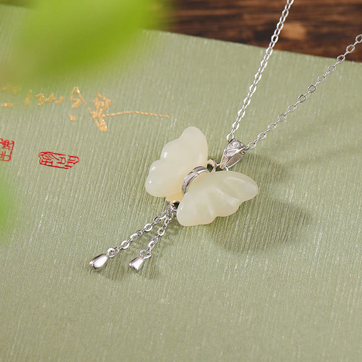 Buddha Stones 925スターリングシルバーメッキゴールド和田白翡翠バタフライ祝福ネックレスペンダント