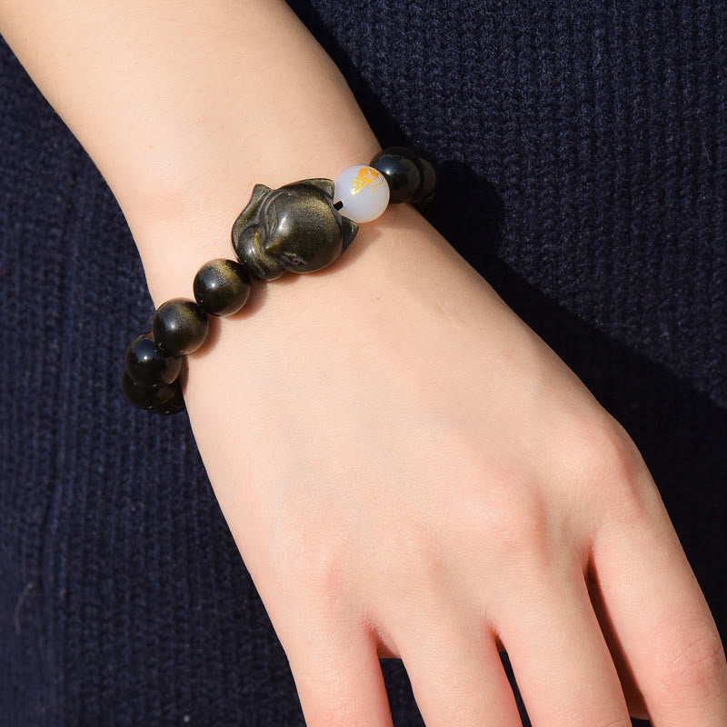Buddha Stones天然レインボーオブシディアン ゴールドシーンオブシディアン シルバーシーンオブシディアン フォックスヒーリングブレスレット