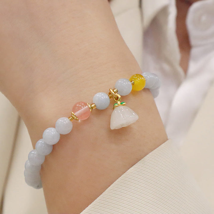 Buddha Stones天然アクアマリン カルセドニー セレニティ ウサギ ひょうたん 猫 チャームブレスレット - アクアマリンカルセドニーのロータスポッド - image 8