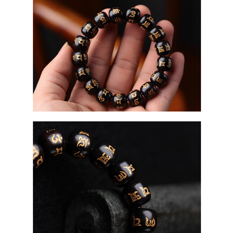 Buddha Stonesチベット黒檀オーム・マニ・パドメ・フム彫刻 平和ブレスレット