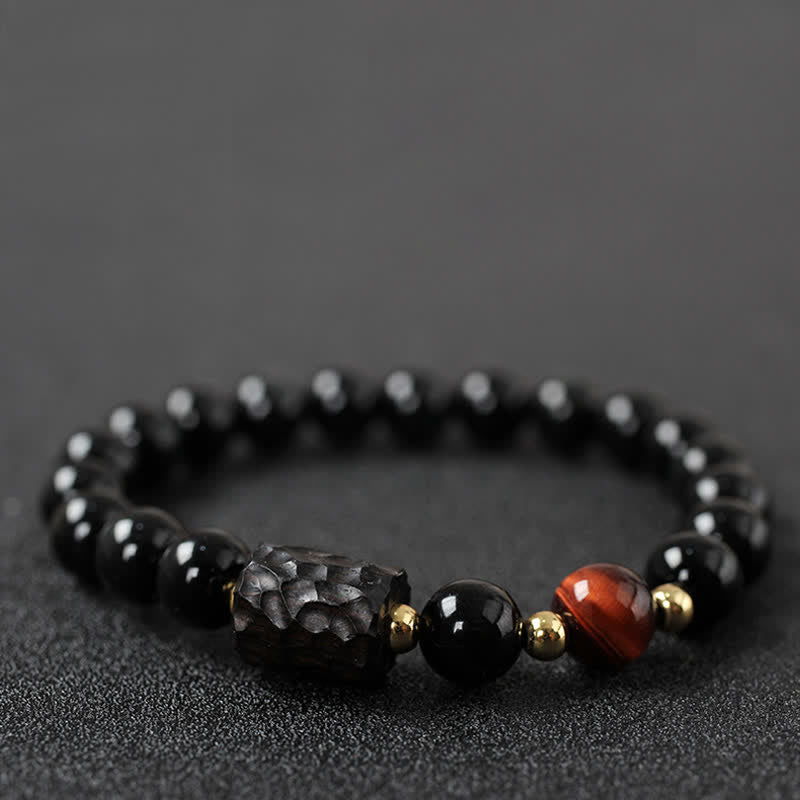 黒曜石、黒檀、赤虎目石の強さを秘めたカップルブレスレット