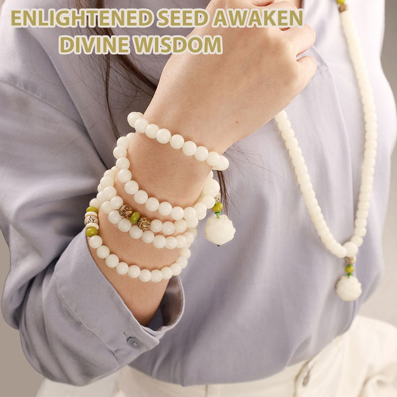 Buddha Stones 白翡翠＆菩提樹ビーズ マーラ 念珠ネックレス 蓮チャーム付き
