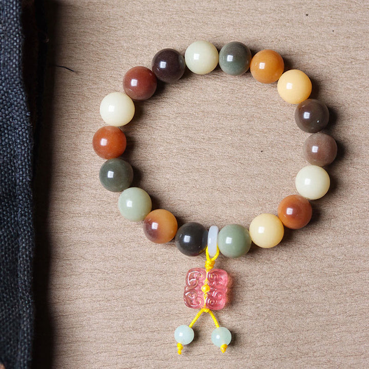 Buddha Stones天然 マルチカラー グラデーション 菩提樹 瑠璃ガラス チャーム 平和ブレスレット