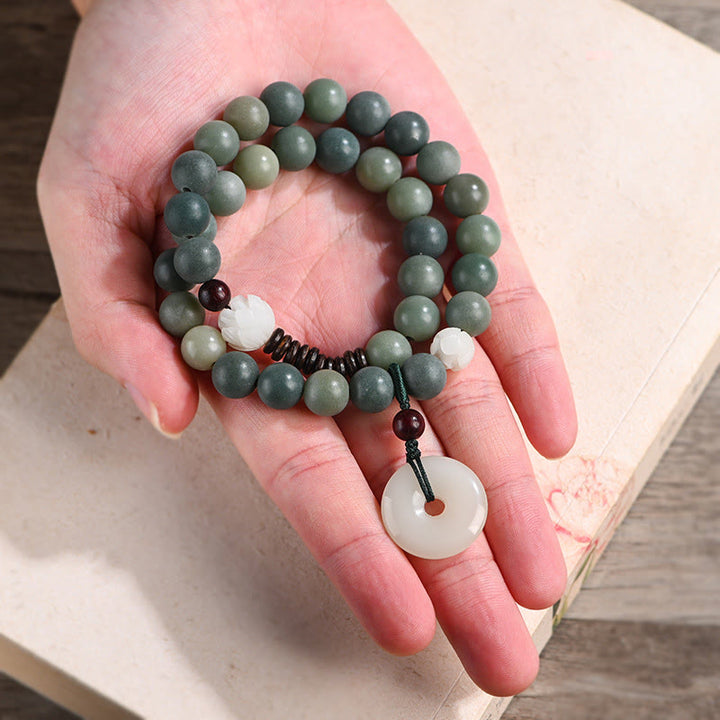 Buddha Stonesシアン菩提樹の種子 蓮の翡翠 平和バックル ウィズダム ダブルラップブレスレット