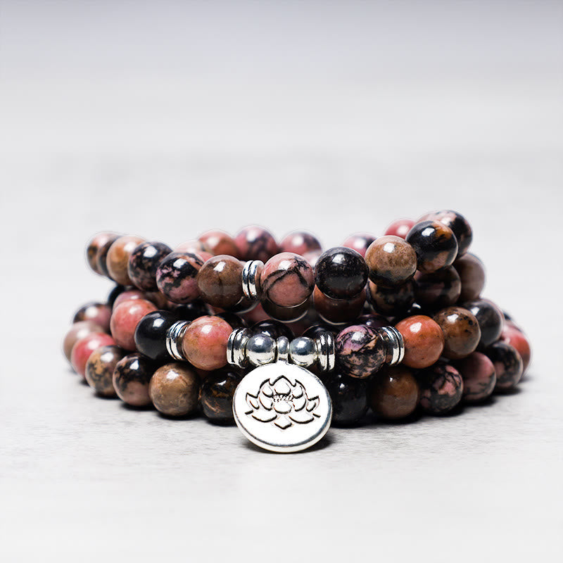 Buddha Stones108Mala入り 数珠 ロードナイト 蓮 慈悲のエネルギーブレスレット