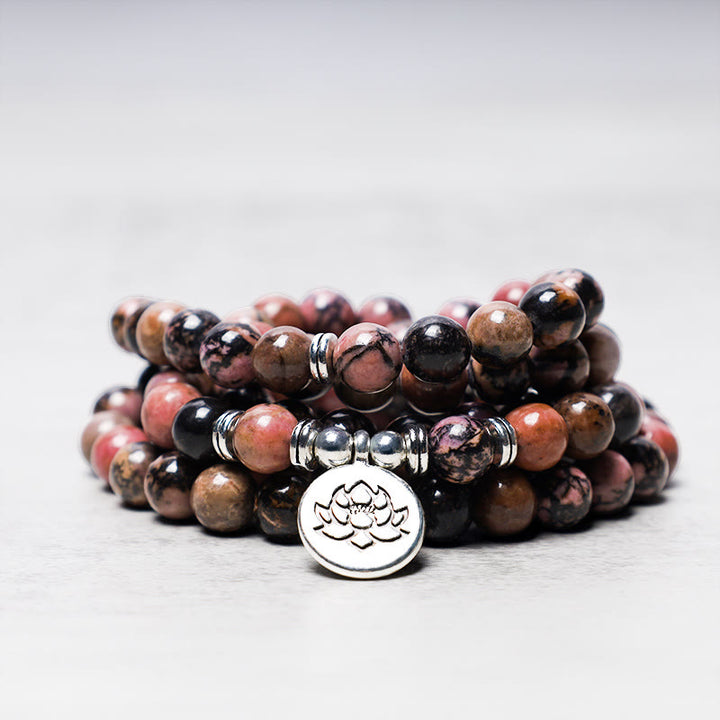 Buddha Stones108Mala入り 数珠 ロードナイト 蓮 慈悲のエネルギーブレスレット