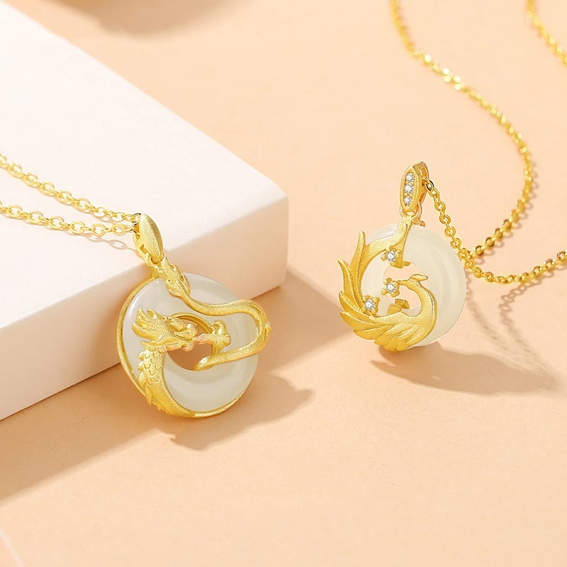 Buddha Stones925 スターリングシルバー 龍年 和田翡翠 ゴールデンドラゴン フェニックス平和のお守りチャーム幸運ネックレスペンダント - image 1