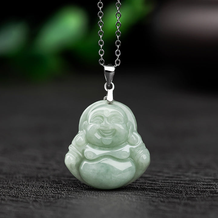 Buddha Stones笑う仏 翡翠良縁祈願チタン鋼 チェーン ネックレス ペンダント - ジェイド - image 0