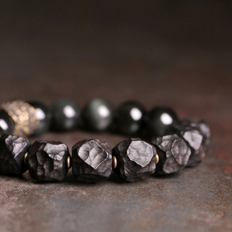 Buddha Stones黒曜石 黒檀 木 銅 強さ カップル ブレスレット