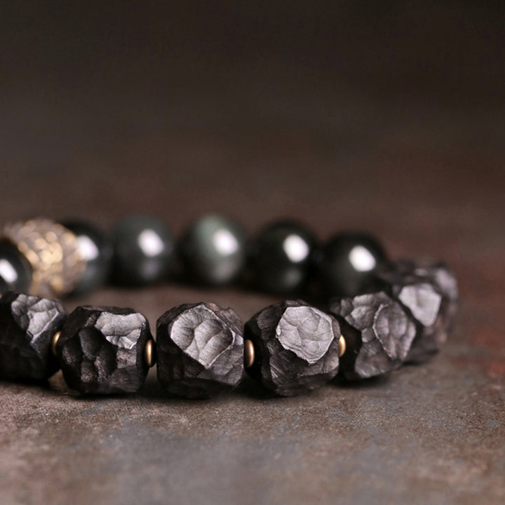 Buddha Stones黒曜石 黒檀 木 銅 強さ カップル ブレスレット