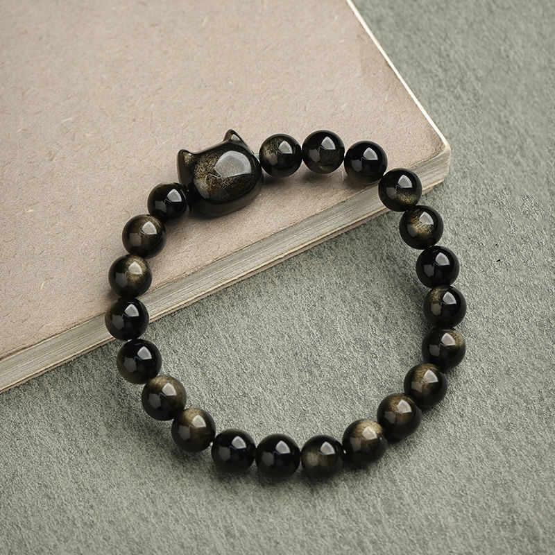 Buddha Stones金色光沢黒曜石 銀色光沢黒曜石 愛らしい足跡 招き猫守護ブレスレット - image 10