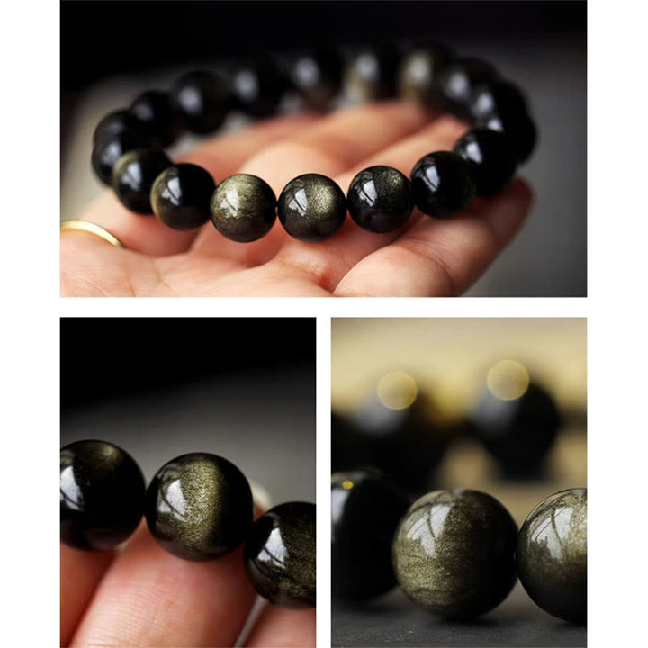 Buddha Stones925 スターリングシルバー十二支誕生仏天然金光沢 黒曜石 琥珀 富の守護ブレスレット