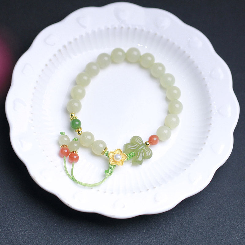 Buddha Stones925スターリングシルバー 翡翠 幸運の花 蝶 ブレスレット