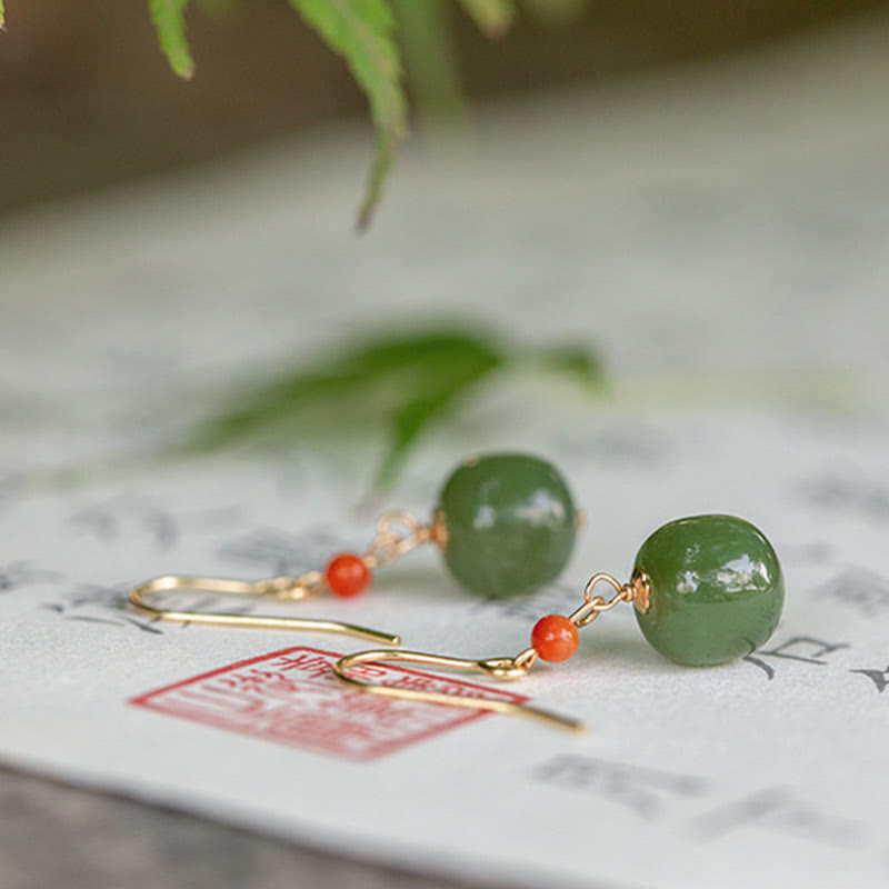 Buddha Stones 925スターリングシルバーメッキ 14Kゴールド 和田翡翠 赤瑪瑙 幸運の雫 ダングルイヤリング - image 15