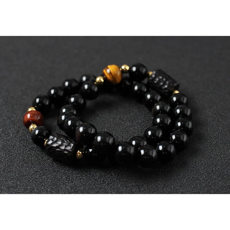 黒曜石、黒檀、赤虎目石の強さを秘めたカップルブレスレット