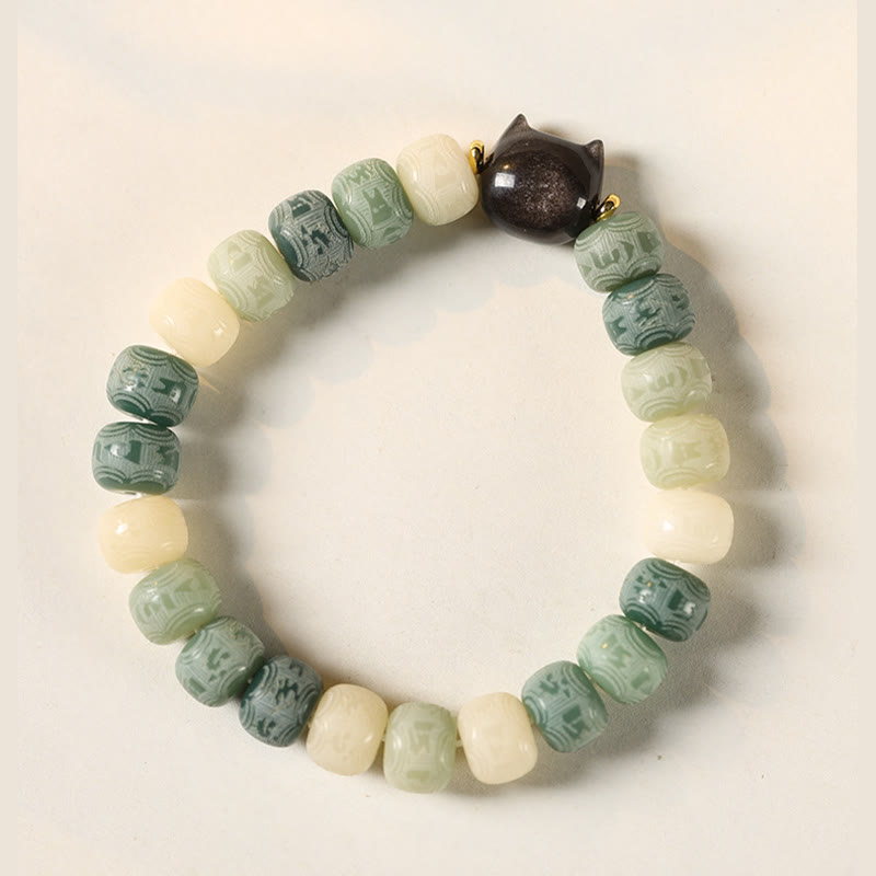 Buddha Stonesの銀光沢黒曜石猫の頭、オーム・マニ・パドメ・フムの彫刻入りハーモニーブレスレット - image 10