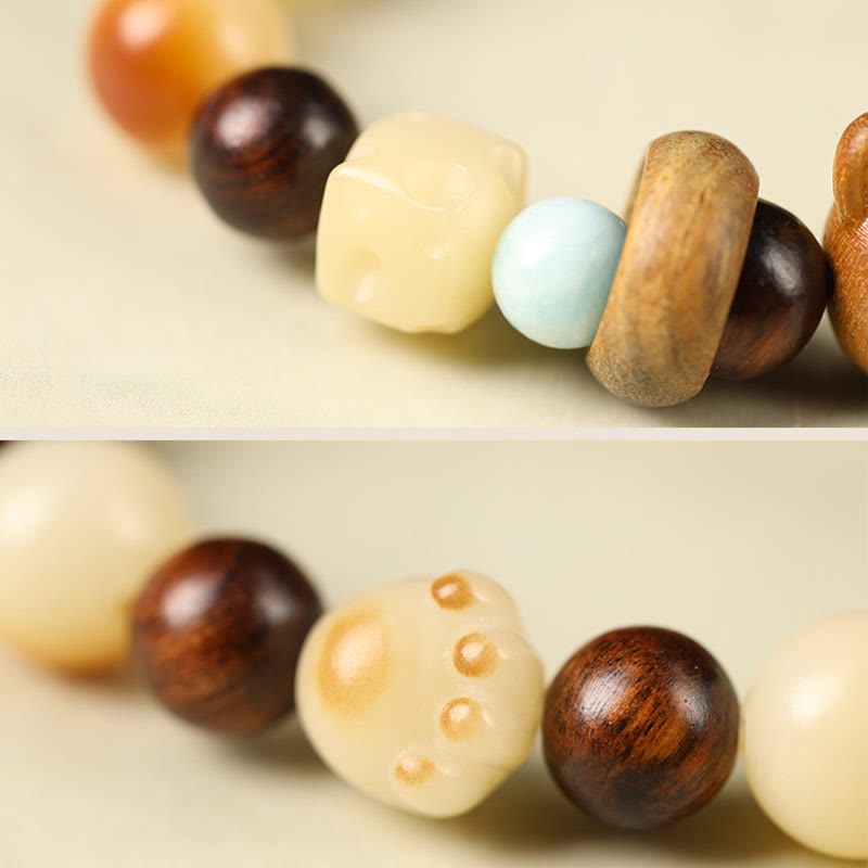 Buddha Stones天然菩提樹 白檀 幸運の猫の頭モチーフの足爪 平和ブレスレット - image 5