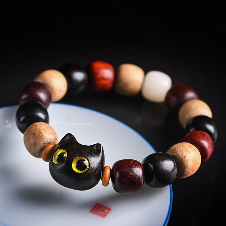 Buddha Stones小葉 紫檀 黒檀 かわいい猫 彫刻 守護ブレスレット