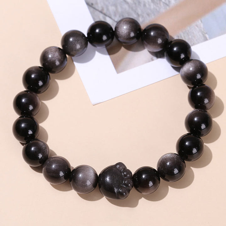 Buddha Stones天然ゴールドシーンオブシディアン シルバーシーンオブシディアン かわいい猫の足跡開運財運ブレスレット - シルバーシーンオブシディアン - 10mm - image 8