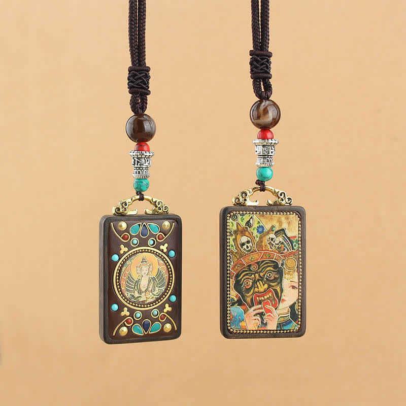 Buddha Stonesチベット 富の神 タンカ 黒檀 平和 ネックレス ペンダント - image 1