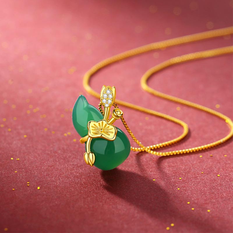 Buddha Stonesシアン翡翠 ひょうたん 蓮の葉 豊穣のペンダントネックレス - シアンジェイド - image 1