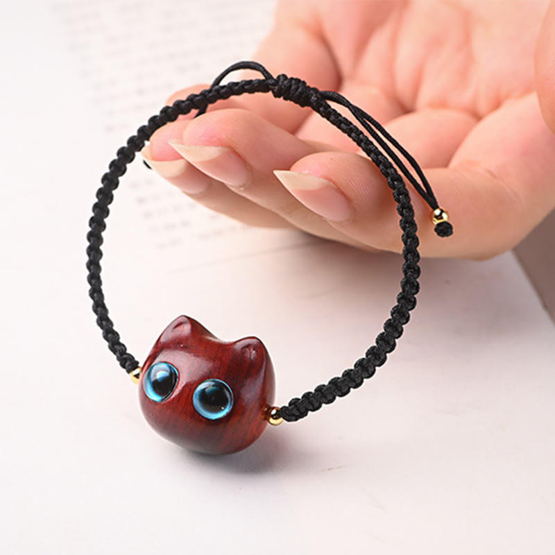 Buddha Stones小葉紫檀黒檀猫の頭モチーフを落ち着かせる 保護 編み込み ブレスレット - image 3