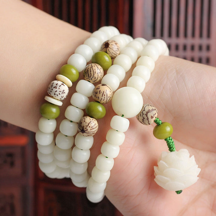 Buddha Stones 白翡翠＆菩提樹ビーズ マーラ 念珠ネックレス 蓮チャーム付き