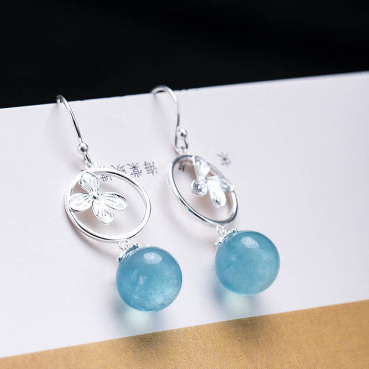 Buddha Stones 925スターリングシルバー 天然アクアマリン リーフフラワー ピース イヤリング ネックレス